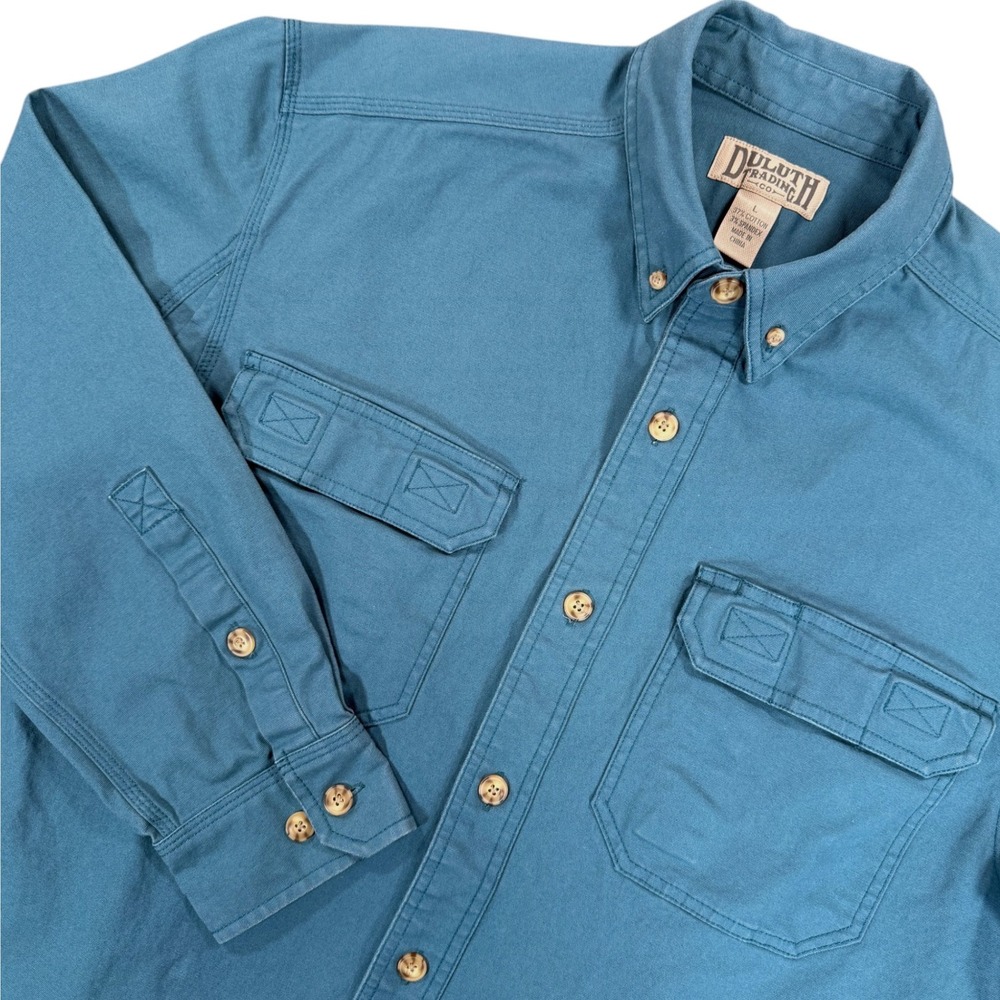 DULUTH TRADING CO Stretch Utility Work Shirt Mens L Blue Long Sleeve Button Down